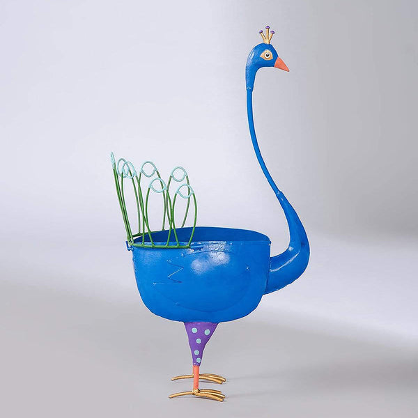 Metal Planter | Peacock Design | Blue | 11 x 7 x 27 IN