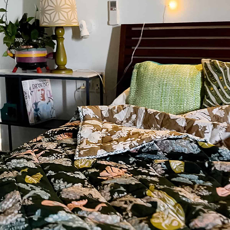 Peacock Song Double Quilt| Forest Moss  | 90 x 108 In