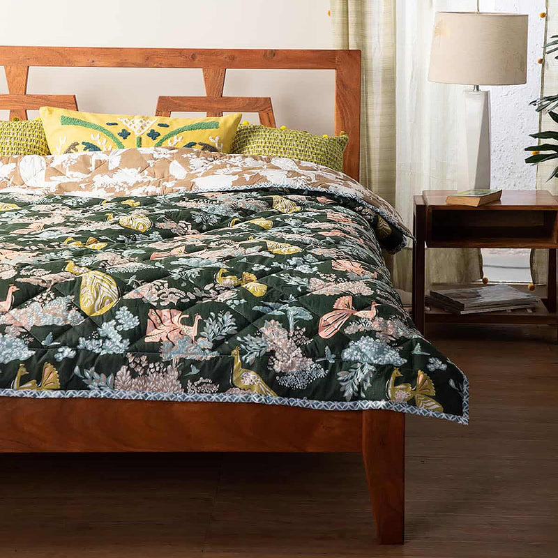 Peacock Song Double Quilt| Forest Moss  | 90 x 108 In