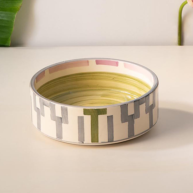 Ceramic Serving Bowl | Round Shape | White & Olive Green | 1200 ml