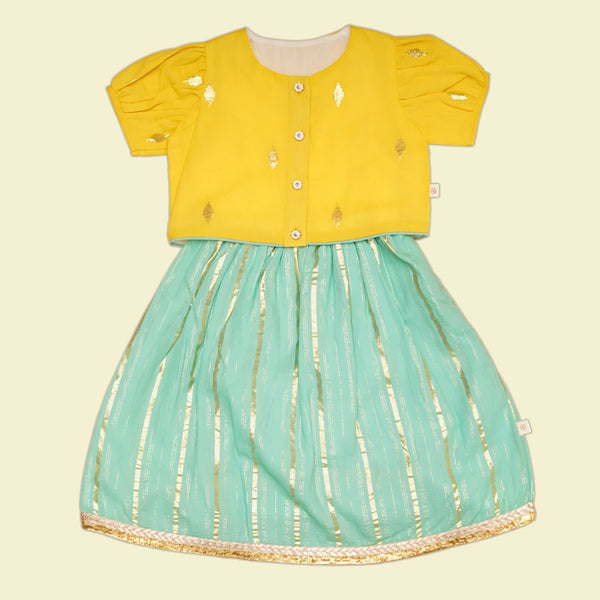 Cotton Lehenga Set For Girl | Green & Yellow