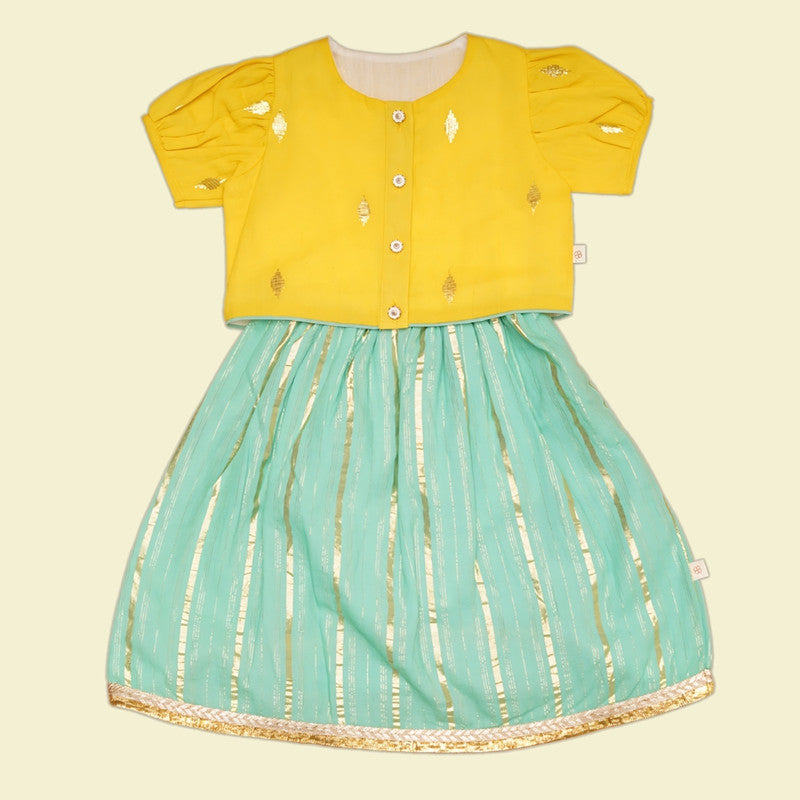 Cotton Lehenga Set For Girl | Green & Yellow