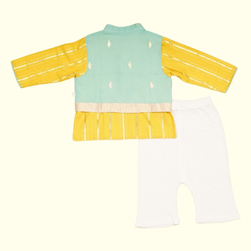 Cotton Kurta Bundi Set For Boy | Yellow & Green