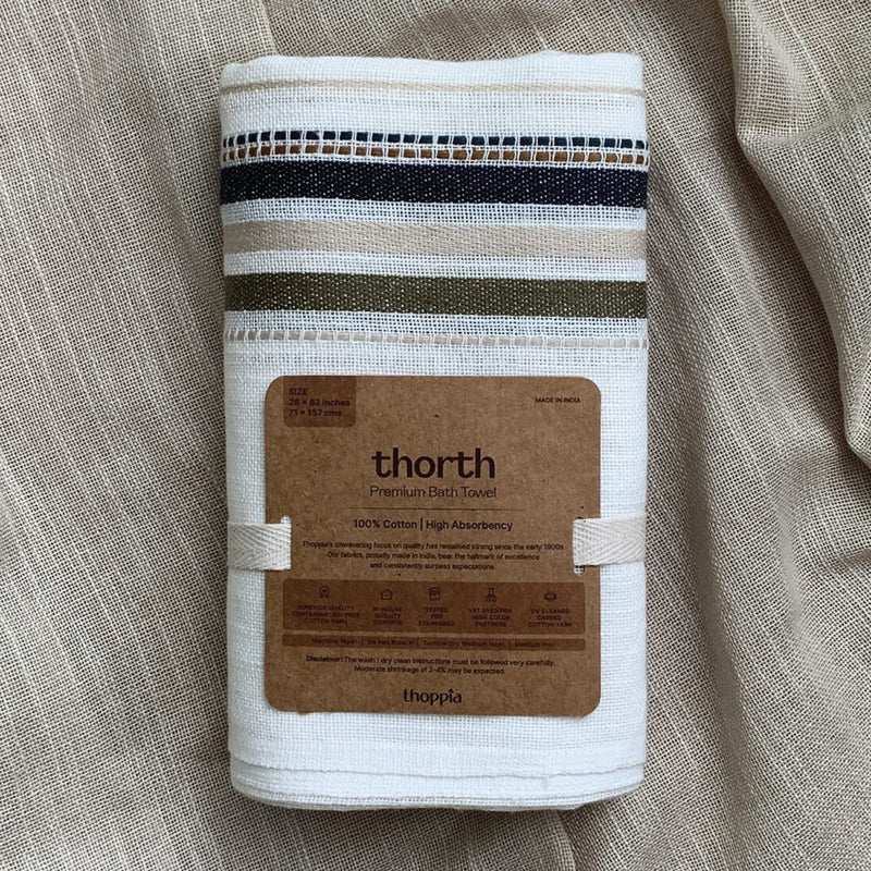 Cotton Bath Towel | Striped Design | White & Green | 71 x 157 cm