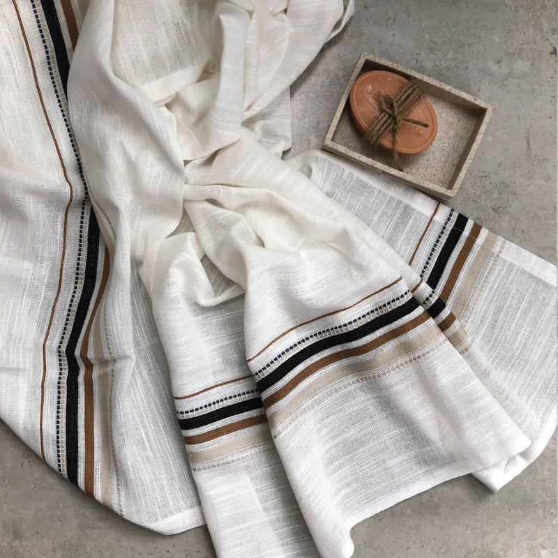 Cotton Bath Towel | Striped Design | White & Brown | 71 x 157 cm