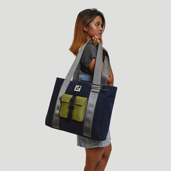 Cotton Tote Bag | Laptop Compartment | Navy & Olive