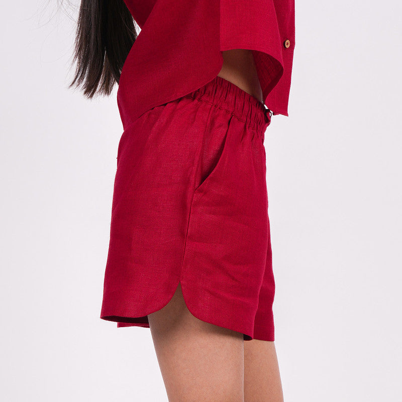 Linen Shorts for Women | Red | Drawstring Waist