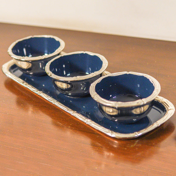 Brass Snacks Serving Platter | Bowl with Tray | Blue & Silver | 4 Pc Set