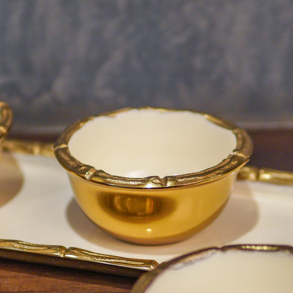 Brass & Marble Snacks Serving Platter | Bowl with Tray | White & Gold | 4 Pcs Set