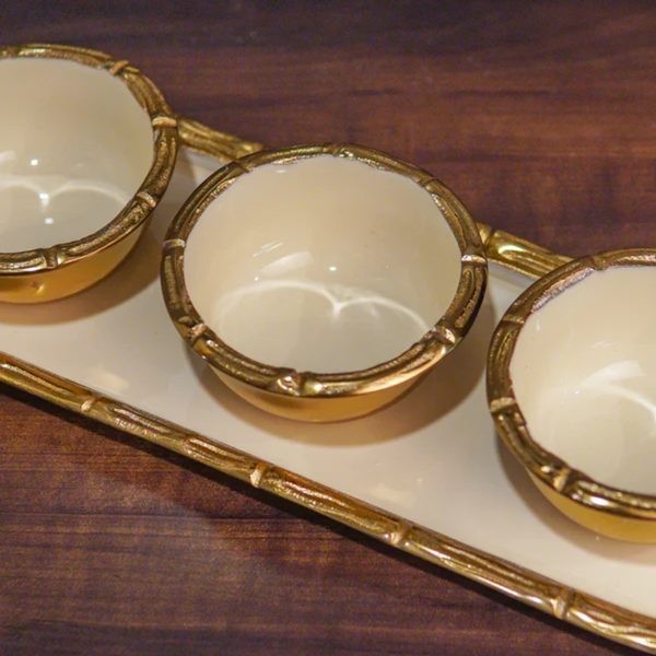 Brass & Marble Snacks Serving Platter | Bowl with Tray | White & Gold | 4 Pcs Set