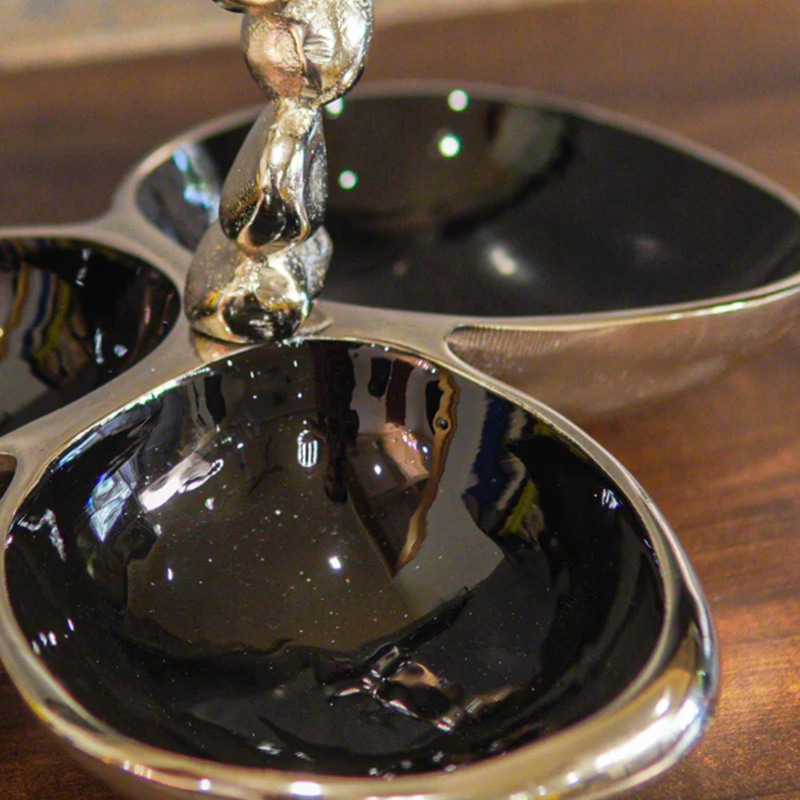 Brass Snacks Serving Platter | Bowl with Tray | Black & Silver | 4 Pcs Set