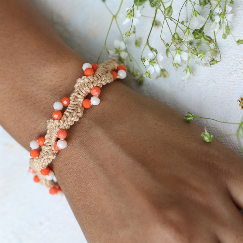 Crochet Bracelet for Women | Metal & Cotton Threads | Coral