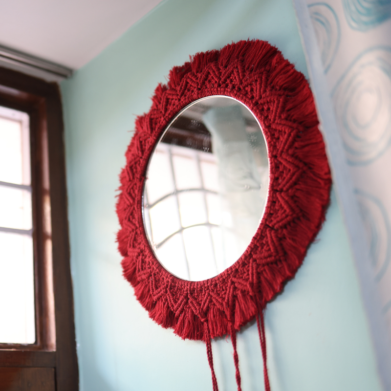 Cotton Macrame Catcher Wall Mirror | Wall Hanging | Red