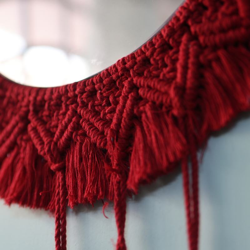 Cotton Macrame Catcher Wall Mirror | Wall Hanging | Red