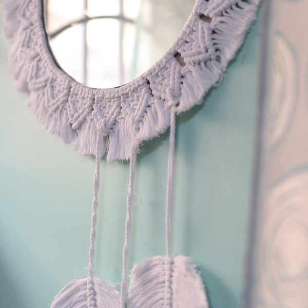 Cotton Macrame Catcher Walll Mirror | Wall Hanging | White