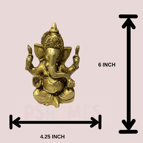 Brass Ganesh Idol | Antique Ganesh Murti | Gold | 6 Inches