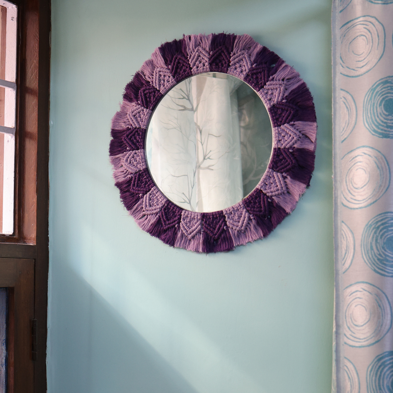 Cotton Macrame Round Wall Mirror | Wall Hanging | Purple