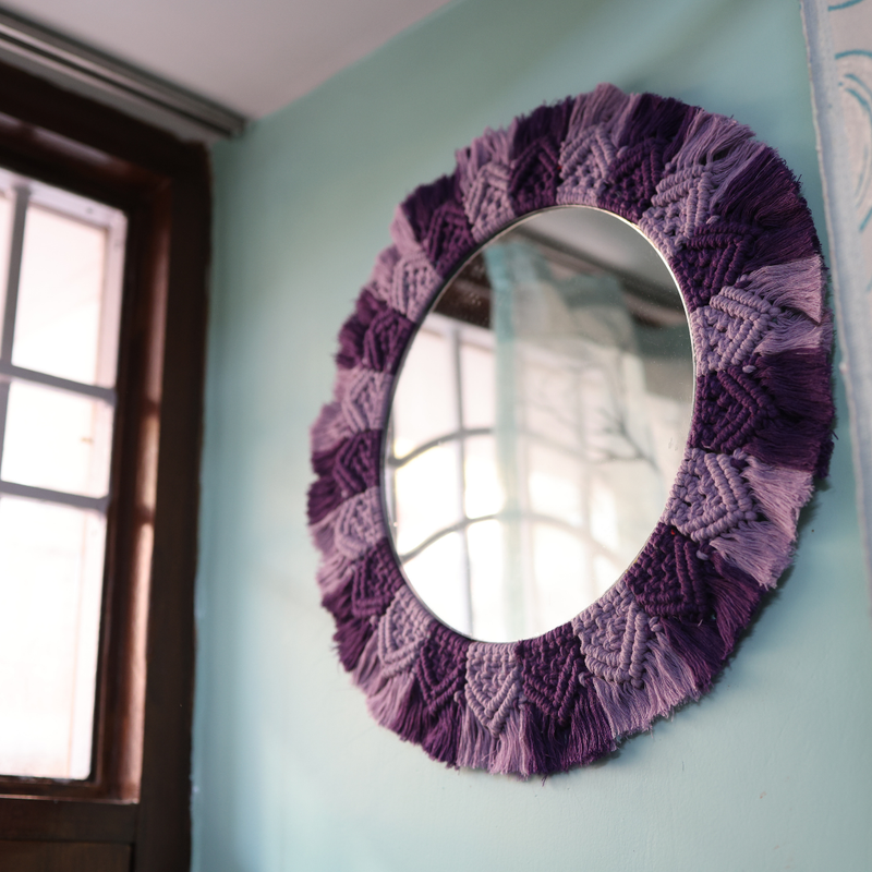 Cotton Macrame Round Wall Mirror | Wall Hanging | Purple