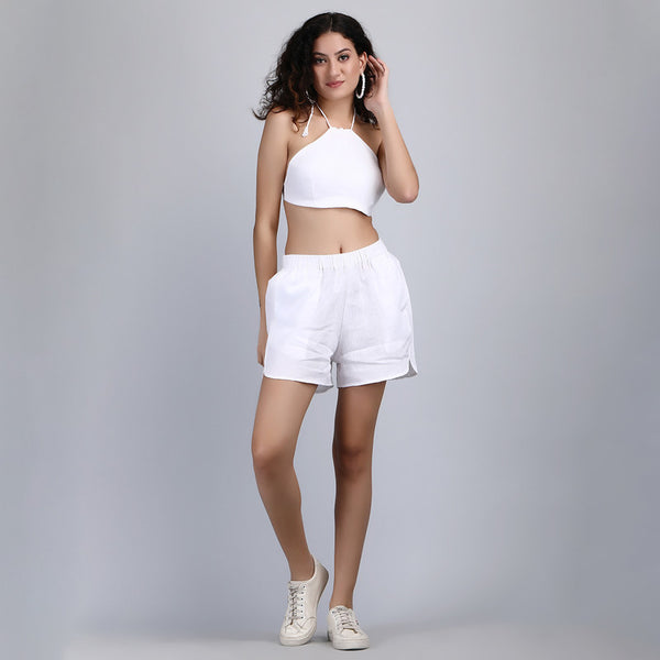 Linen White Co Ord Set for Women | Halter Top & Shorts