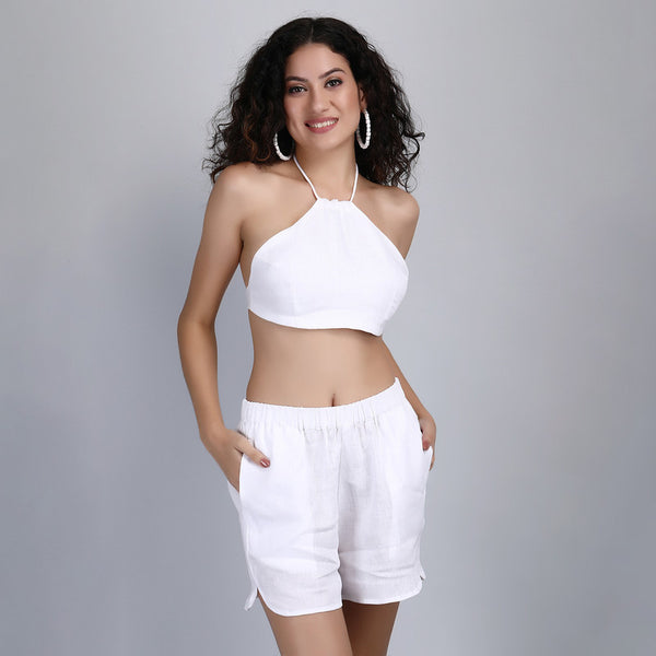 Linen White Co Ord Set for Women | Halter Top & Shorts