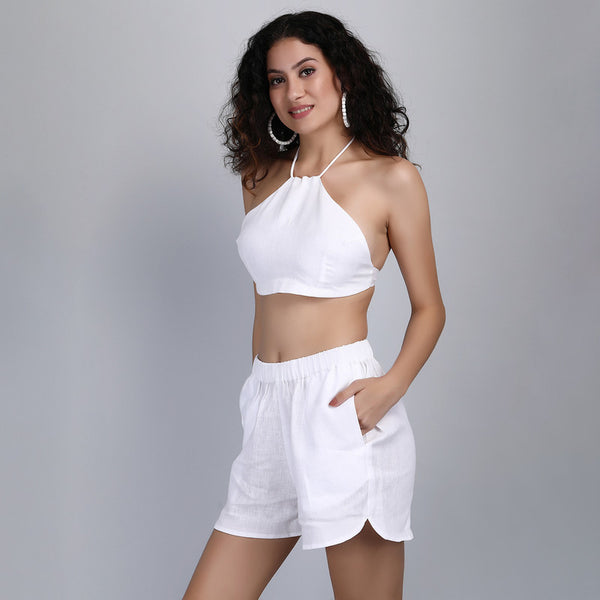 Linen White Co Ord Set for Women | Halter Top & Shorts