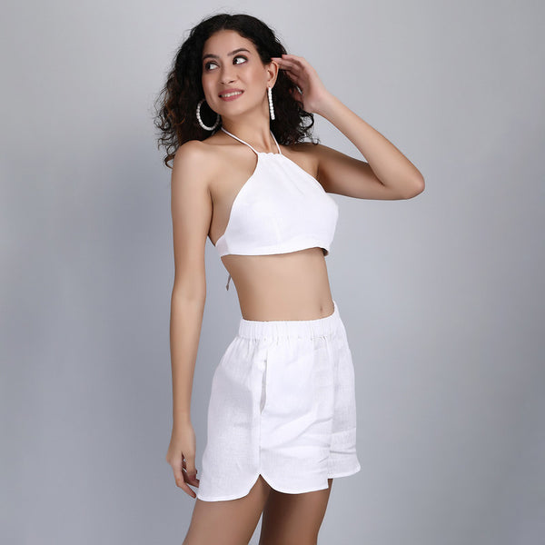 Linen White Co Ord Set for Women | Halter Top & Shorts