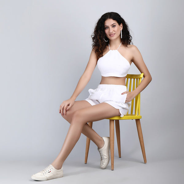 Linen White Co Ord Set for Women | Halter Top & Shorts