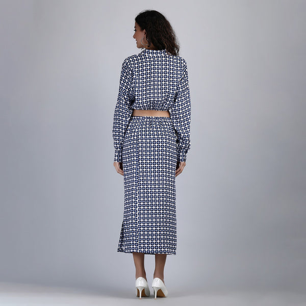 Linen Printed Co Ord Set for Women | Shirt & A-Line Skirt | Blue & White