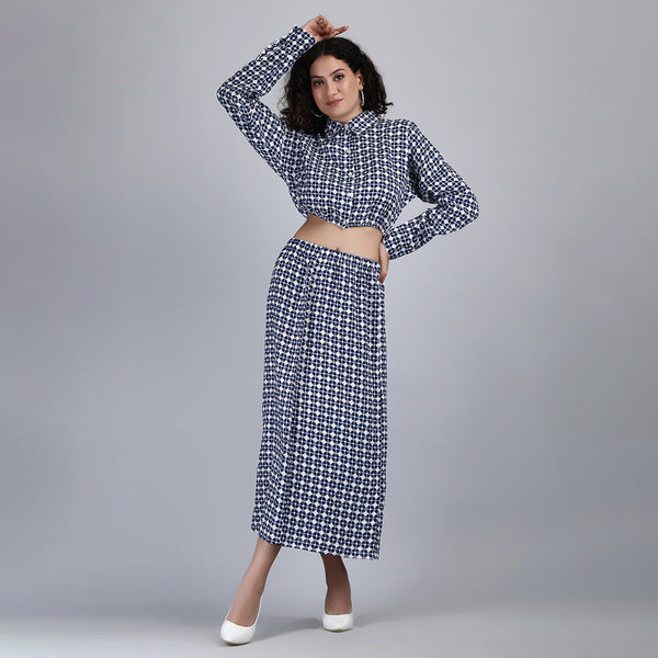 Linen Printed Co Ord Set for Women | Shirt & A-Line Skirt | Blue & White