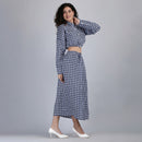 Linen Printed Co Ord Set for Women | Shirt & A-Line Skirt | Blue & White