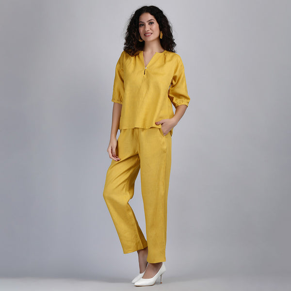 Linen Co-ord Set for Women | Top & Trouser | Yellow