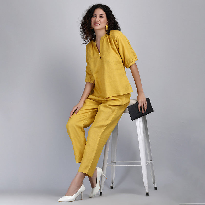 Linen Co-ord Set for Women | Top & Trouser | Yellow