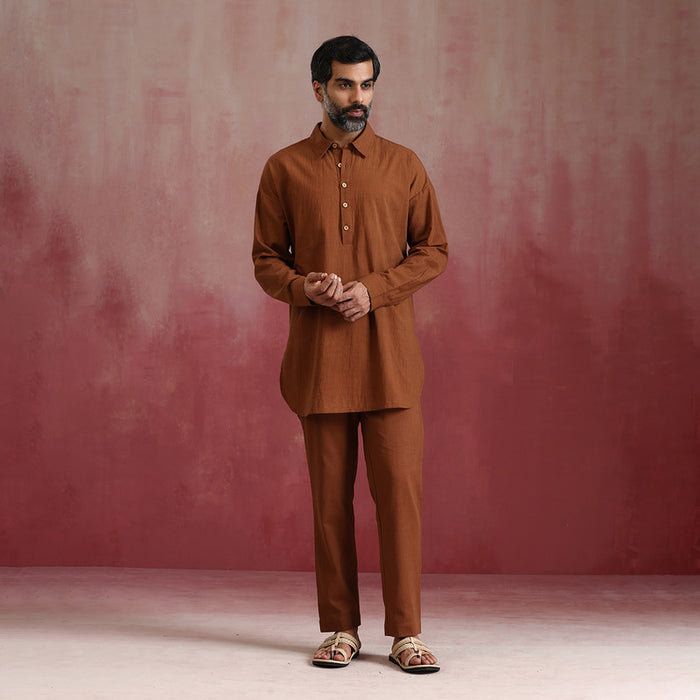 Cotton Brown Kurta Set for Men | Shirt Collar