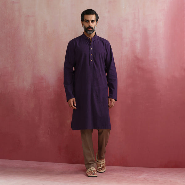 Cotton Long Kurta for Men | Purple | Mandarin Collar