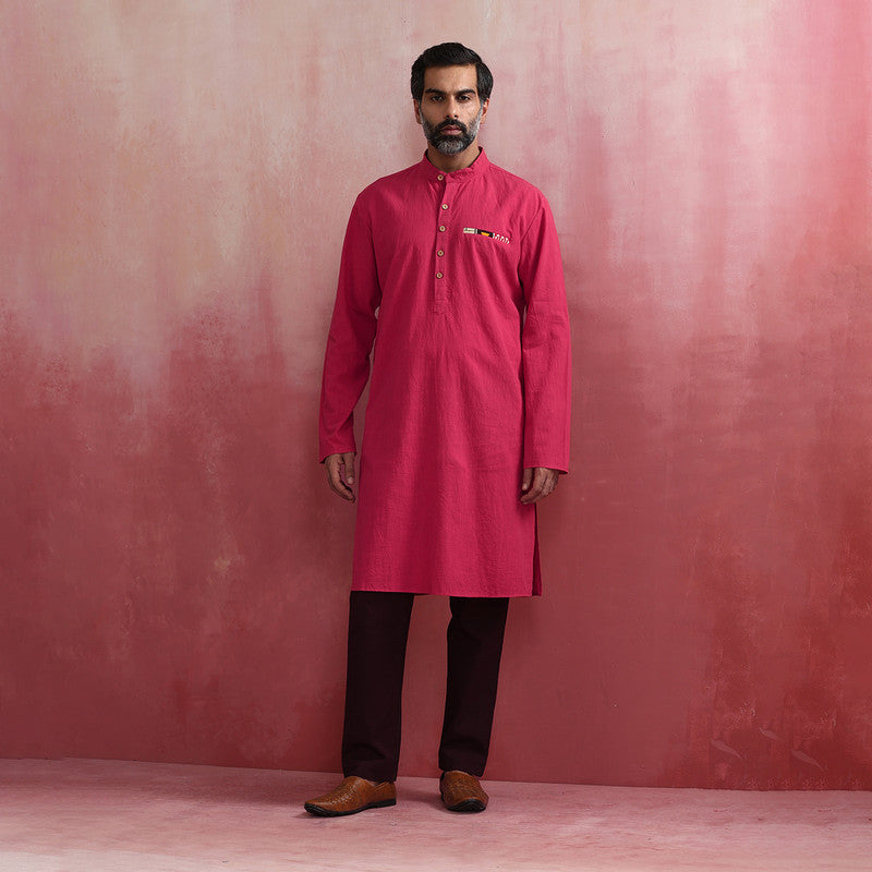 Cotton Pink Kurta for Men | Mandarin Collar