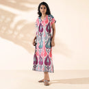 Cotton Ikat Print Dress for Women | Side Slit | Multicolour