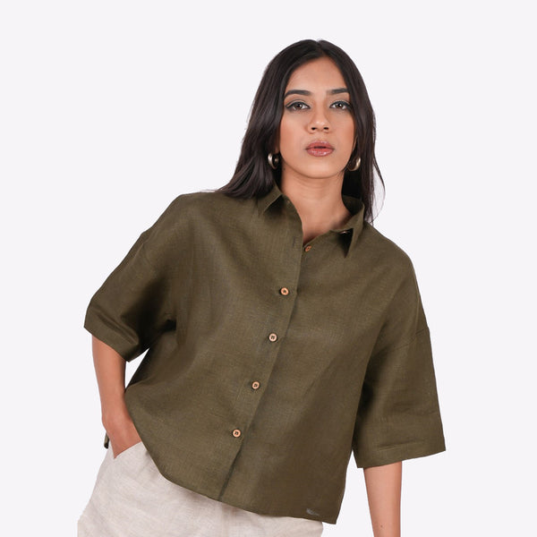 Linen Shirt for Women | Green | Drop Shoulder