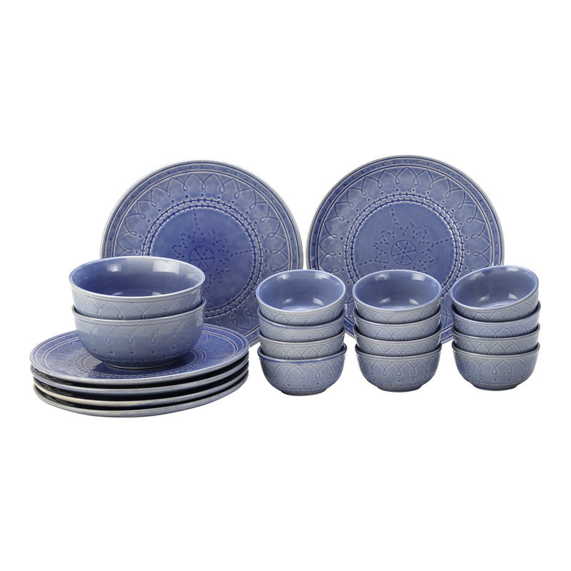 Stoneware Ceramic Dinner Set | 6 Dinner Plates, 12 Bowl & 2 Serving Bowl | Mist Blue | Set of 20