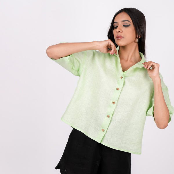 Linen Shirt for Women | Kiwi Green | Drop Shoulder