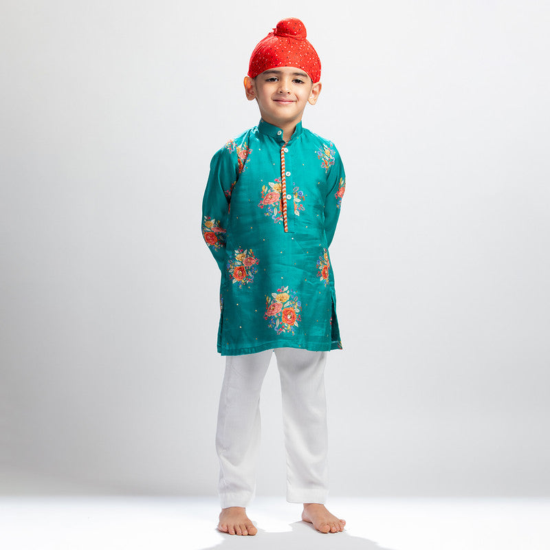 Cotton Kurta Set For Boys | Printed | Green