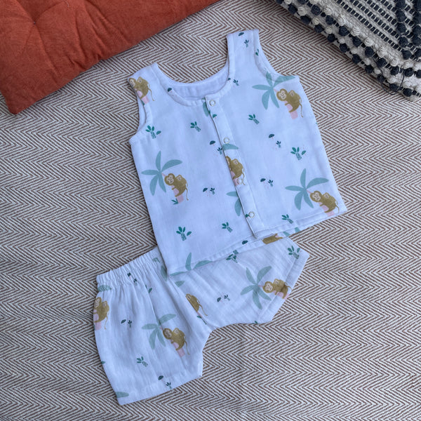 Muslin Jabla and Shorts Set for Kids | Monkey Print | Blue