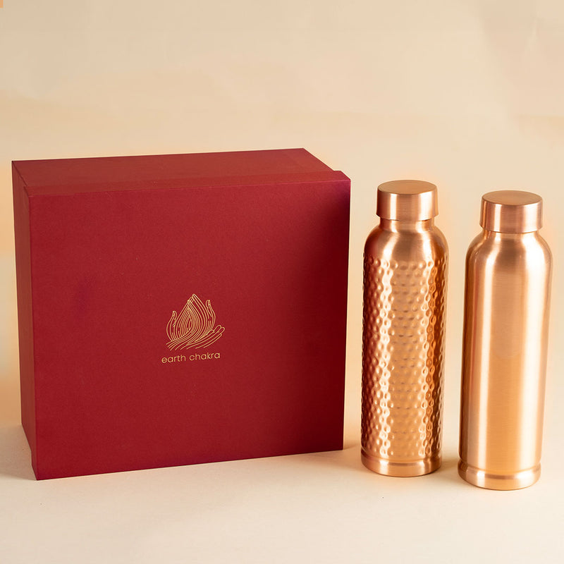 Copper Bottles with Gift Box | Set of 2 | 1 L | Plain & Hammered