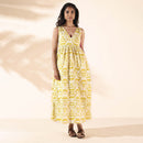 Cotton Flared Dress for Women | Ikat Print | Sleeveless | Lime