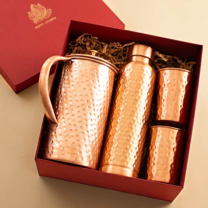 Pure Copper Bottle With Jug & 2 Glasses | Gift Box | Hammered