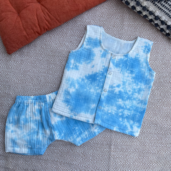 Muslin Jabla and Shorts Set for Kids | Tie-Dye | Blue