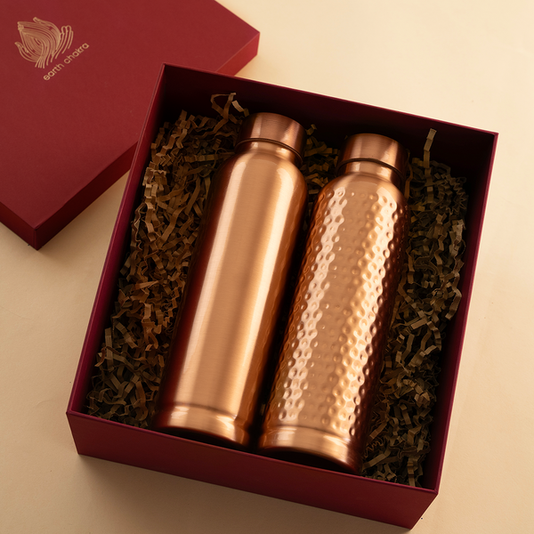 Copper Bottles with Gift Box | Set of 2 | 1 L | Plain & Hammered