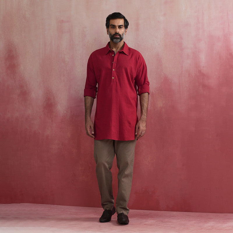 Cotton Short Kurta for Men | Maroon | Shirt Collar