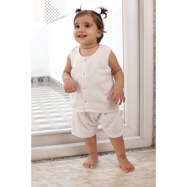 Muslin Jabla and Shorts Set for Kids | Space Pattern | White