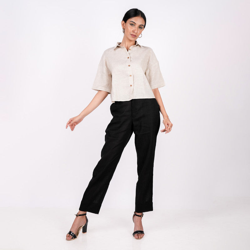 Linen Shirt for Women | Beige | Half Sleeves | Drop Shoulder