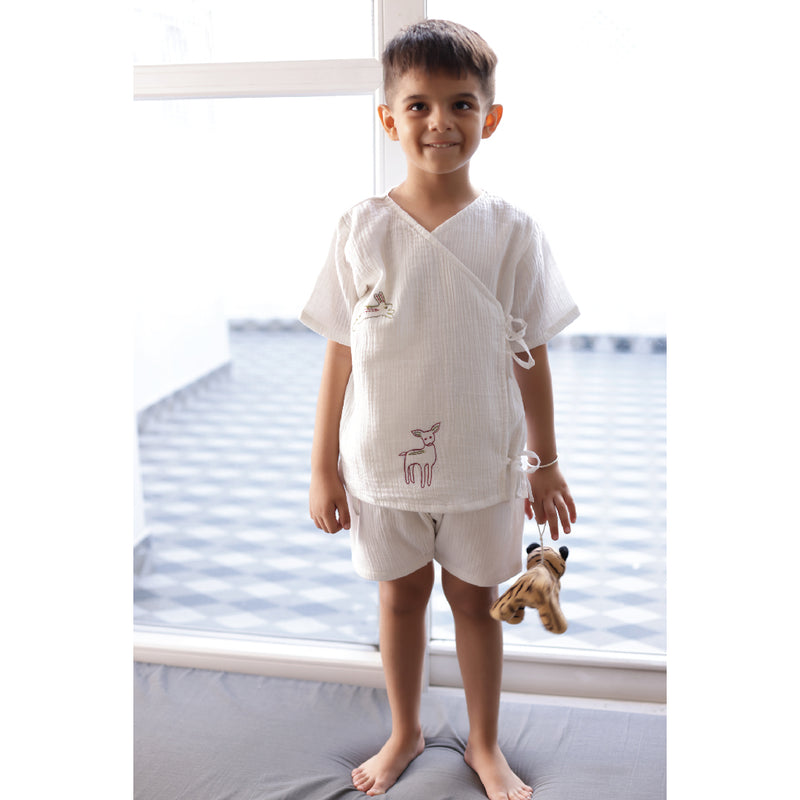 Muslin Jabla and Shorts Set for Kids | Forest Pattern | White